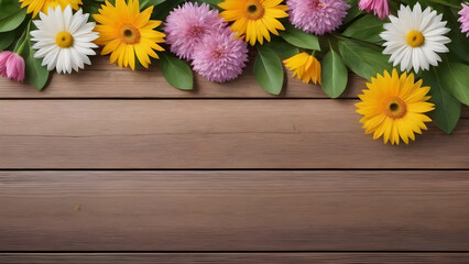 summer background. flowers on a wooden background. color frame, copy space