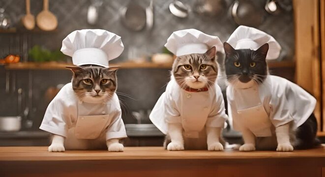 Cat dressed as a chef in the kitchen.