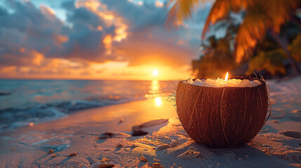 A tropical cocktail served in a coconut shell, with a backdrop of palm trees and a colorful sunset...