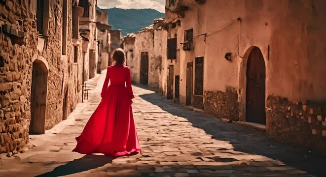 Woman with red dress in Spain.