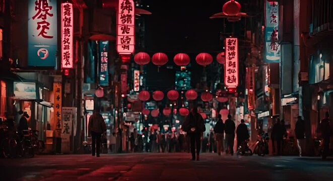 Japanese city with many people and neon lights.