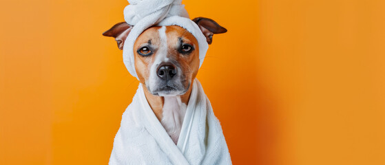 A dog stands wrapped in white, contrasting sharply against an orange backdrop, symbolizing unconventional beauty