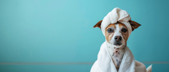 This image features a terrier dog in a white towel against a vibrant blue background, offering a humorous twist on spa imagery