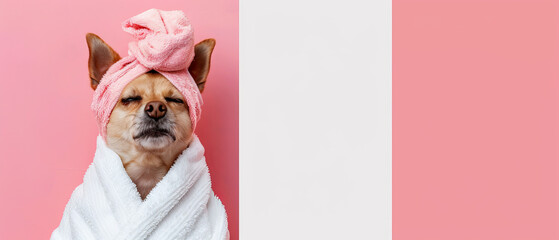 This delightful image features a pampered chihuahua in a white bathrobe and pink towel turban, posing on a pink background