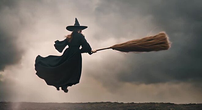 Witch with a flying broom.