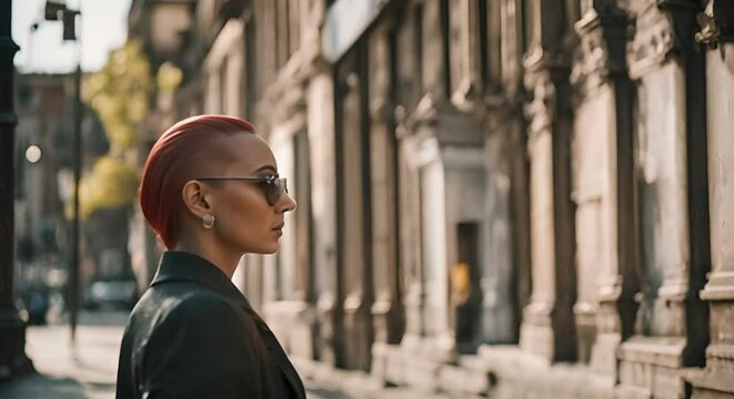 Woman with shaved hair in the city.
