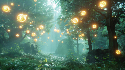 3D looping animation misty fantasy forest glow orbs ..