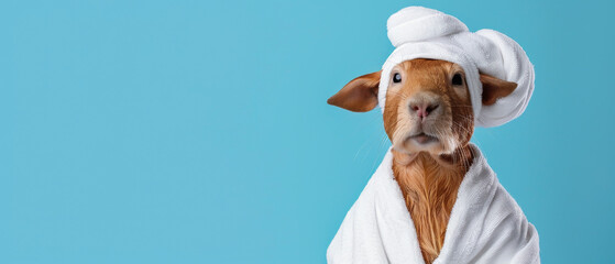 An adorable guinea pig stands wrapped in a white towel with a towel turban, against a cool blue backdrop
