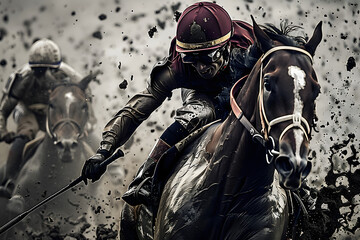 Intense horse racing action, jockey in motion, mud splash. - obrazy, fototapety, plakaty