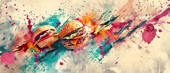 Modern illustration of burger logo in urban graffiti style. Street art with junk food. Junk snack isolated element. Wall art, poster, card, t-shirt, banner, sticker. Graphic design in 90s typography - obrazy, fototapety, plakaty