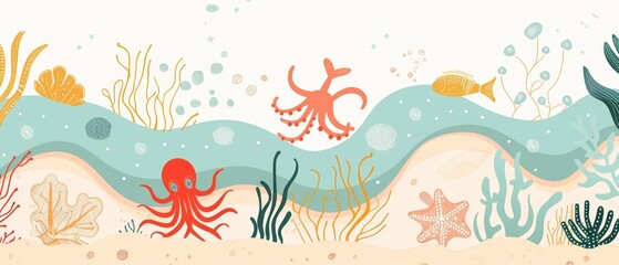 Fototapeta na wymiar Undersea landscape illustration with Octopus, Whale, Fish, Crab, and Algae. Marine life on sea bottom with ankor on sand. Hand drawn flat cartoon background. Underwater world. Modern illustration.