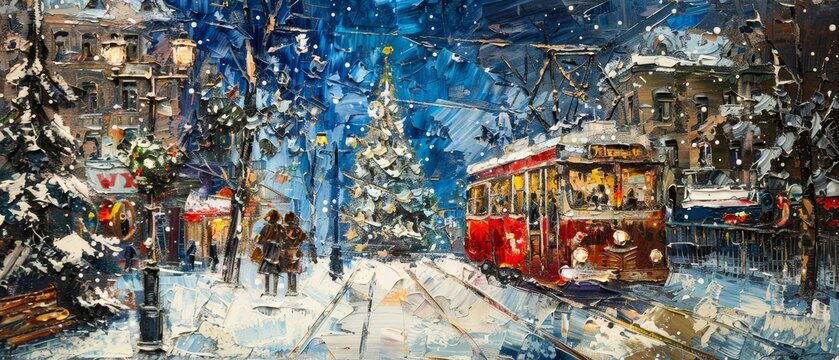 This is a hand drawn oil picture for a greeting card with space for text. It shows a landscape of a winter town with decorated Christmas trees and a red tram. Fine art.