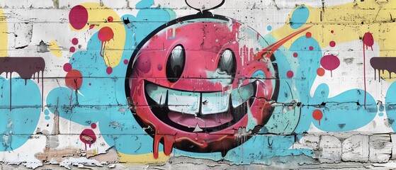 Graffiti style urban graffiti sign of smiling eyes and mouth emoji with paint flowing down from it or simulating melting. Modern illustration.