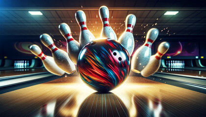 A glossy bowling ball as it hits the front pin in a bowling alley. The image emphasizes the explosive impact and scattering of the pins.