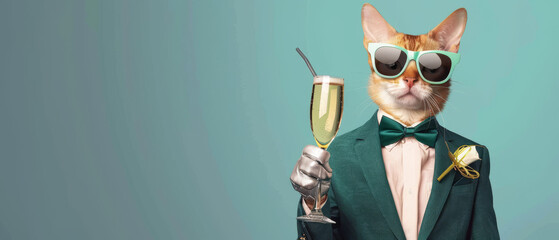 With remarkable sophistication, a cat in a neatly tailored suit clinks glasses, symbolizing cheer and stylish revelry - obrazy, fototapety, plakaty