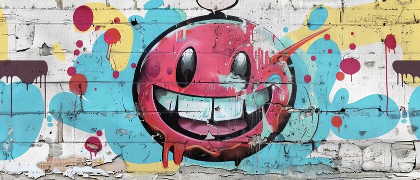 Naklejki Graffiti style urban graffiti sign of smiling eyes and mouth emoji with paint flowing down from it or simulating melting. Modern illustration.