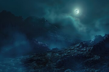 Night time Fog Covered Mountain lit by bright Full Moon.    Makes for a spooky background for Halloween illustration or a moody nature theme.  - obrazy, fototapety, plakaty