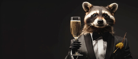 An image of an anthropomorphic raccoon in a black-tie affair, crisply dressed, toasting with a champagne glass - obrazy, fototapety, plakaty