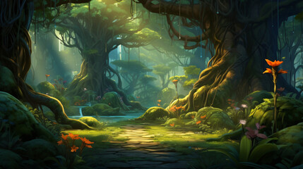 A beautiful fairytale enchanted forest with big trees