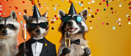 Three festive raccoons in party hats and glasses celebrate with champagne, embodying joy - obrazy, fototapety, plakaty