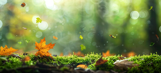 Naklejka na ściany i meble Autumn maple leaves decorate a beautiful nature bokeh background, AI Generative.