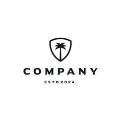 Simple palm tree inside the shield logo design on isolated background