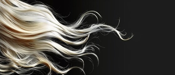  Woman's hair blowing on black background, white and blonde streaks, close up