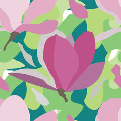 Seamless pattern with Magnolia flowers with abstract elements. Fresh green and pink colors. It can be used for textiles, fashion, wallpaper, wrapping paper, notebooks.