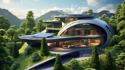  A contemporary eco-friendly house with solar panels and a living roof, harmonizing with the environment.