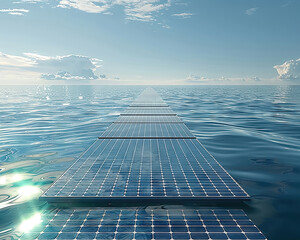 Ocean-based solar panels, ESG focus, close-up, reflective water, clear sky, sustainable energy concept, superrealistic