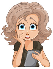 Cartoon of a concerned woman with a mobile device