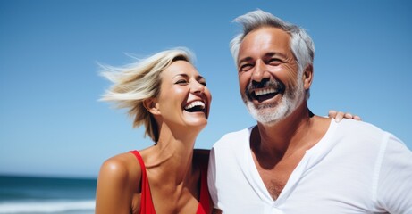 Joyful senior couple's close-up portrait radiating happiness and love