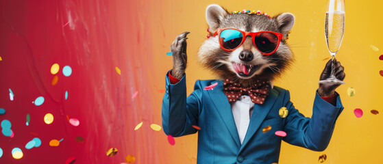 Joyous raccoon in a blue suit and sunglasses with confetti around, celebrating