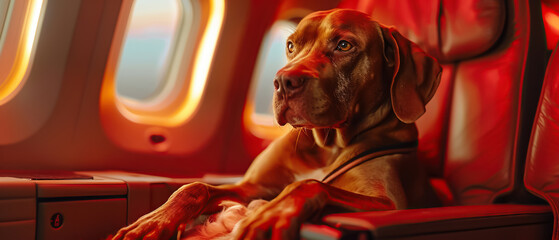 Executive dog in airplane seat, over-the-shoulder shot, refined interior, ambient cabin light, superrealistic - obrazy, fototapety, plakaty