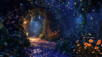 A captivating garden pathway under an arch of leaves, illuminated by the gentle twinkle of fireflies at dusk.
 Twinkling Fireflies on a Magical Garden Path
