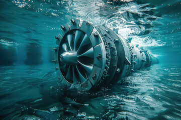 ESG in action with tidal energy turbines, mid-shot, underwater view, clear waters, innovative marine tech, super detailed