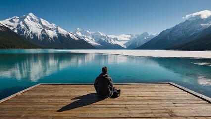 Man sitting alone on a wooden pier and looking at Mount Cook,