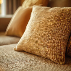 Cozy living room interior, macro of fabric weave on sofa, warm ambient light, rich color palette, high resolution