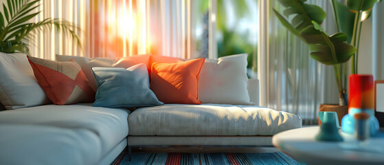 Contemporary living room, macro of geometric furniture patterns, bright indirect light, chic atmosphere, superrealistic