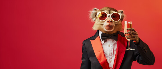 A koala bear in a sophisticated tuxedo poses with a champagne glass against a red background, symbolizing celebration - obrazy, fototapety, plakaty