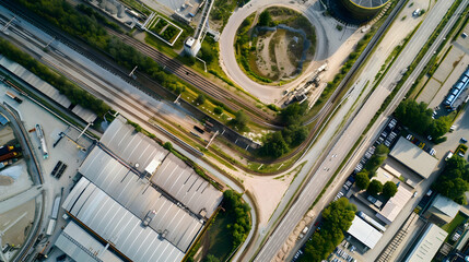Aerial sunset view of T-junction intersection in a suburb surrounded by industrial plants.
