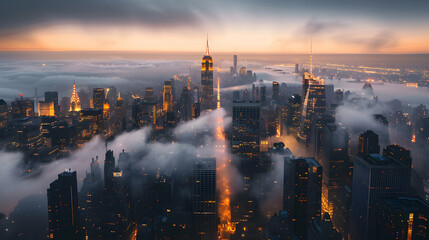 Aerial view of a mist-shrouded city at sunset. - obrazy, fototapety, plakaty