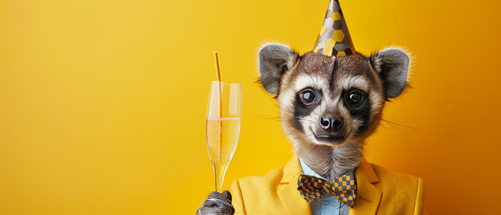 A captivating image featuring an adorable meerkat dressed in a stylish yellow suit and party hat, cheerfully holding a glass of champagne - obrazy, fototapety, plakaty