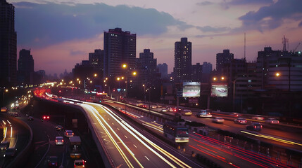 Fototapeta na wymiar Speed traffic long exposure on road at night in the city, 