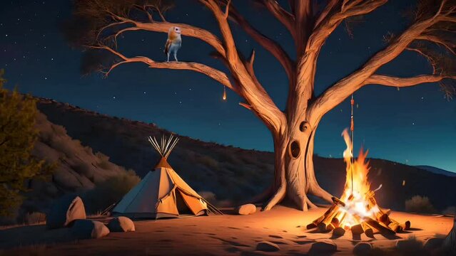 Native American Indian tent with campfire. Seamless looping time-lapse 4k video animation background