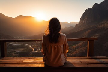 Woman sits on wooden bench overlooking mountain range - Powered by Adobe