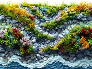 Vibrant Aquatic Landscape with Lush Foliage,Rocks,and Flowing Water Showcasing Environmental Sustainability