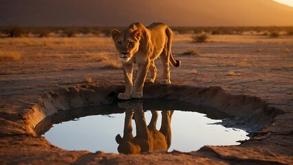 lioness drinking water at a waterhole at sunset