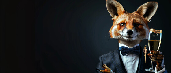 A sophisticated fox dressed in a formal tuxedo and bow tie, toasting with a glass of champagne against a dark backdrop