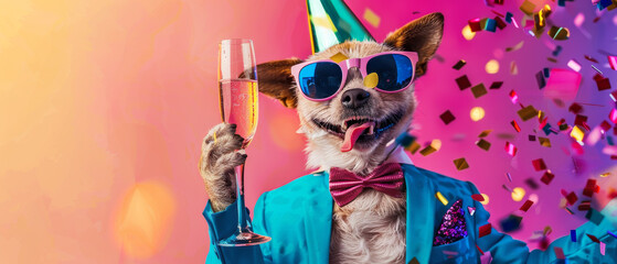 A lively dog in a blue blazer and bow tie, celebrating with champagne and flying confetti - obrazy, fototapety, plakaty